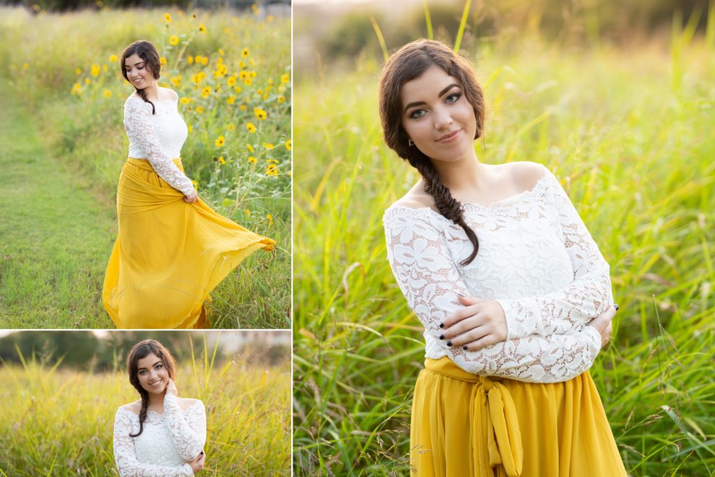 Golden hour senior pictures in a flower field.