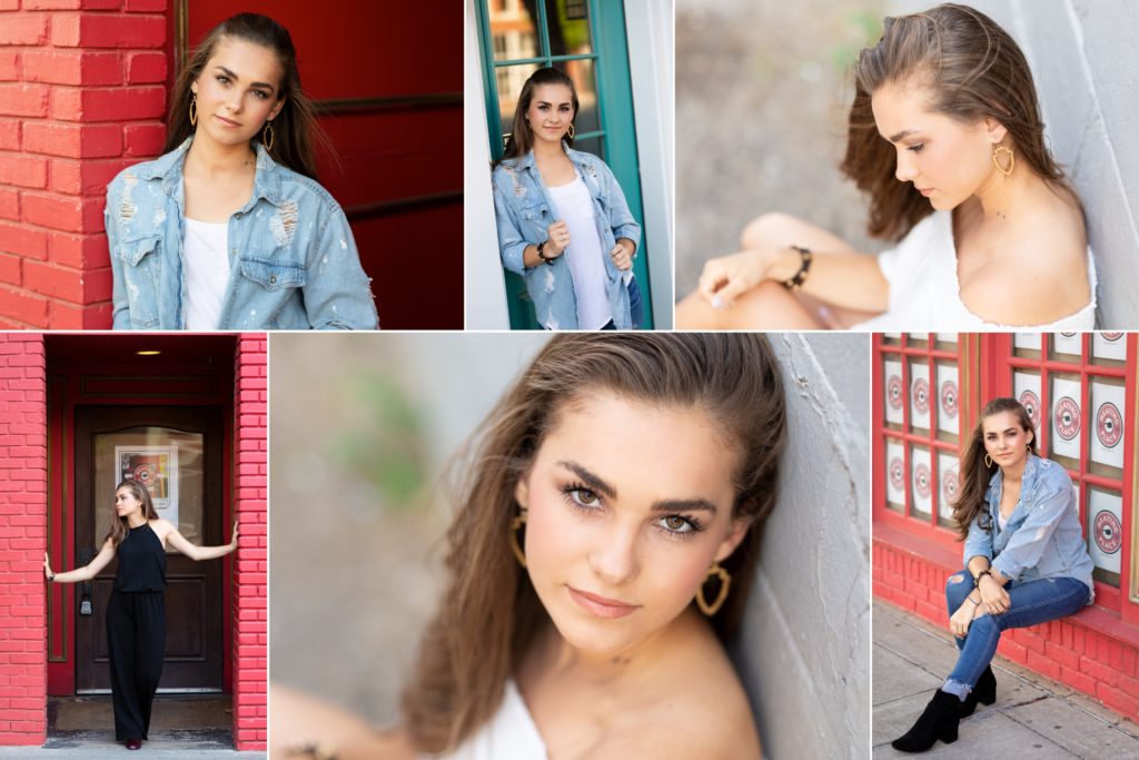 High school senior girl posing for senior pictures in downtown Norman.