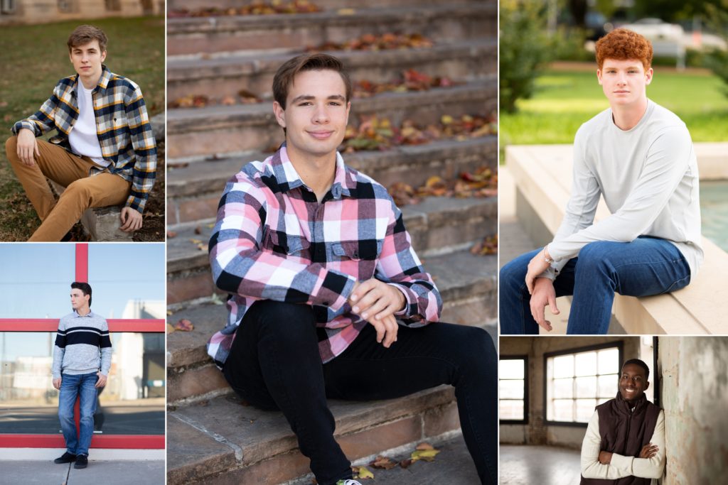 A photo collage with examples of casual outfits senior guy's can wear for their senior pictures.