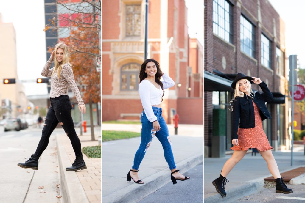 Senior girls stepping off the curb in downtown OKC for their senior photos.