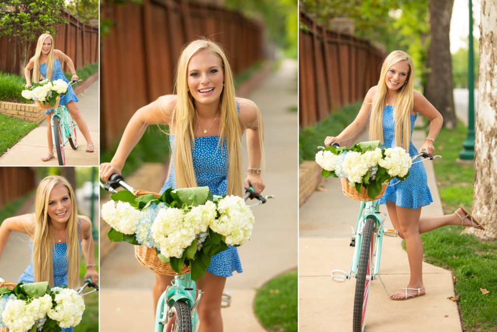 senior girl posing with a vintage bike with a basket full of flowers