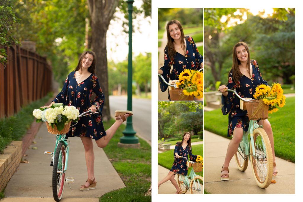 high school senior girl riding a vintage bike and posing for photos