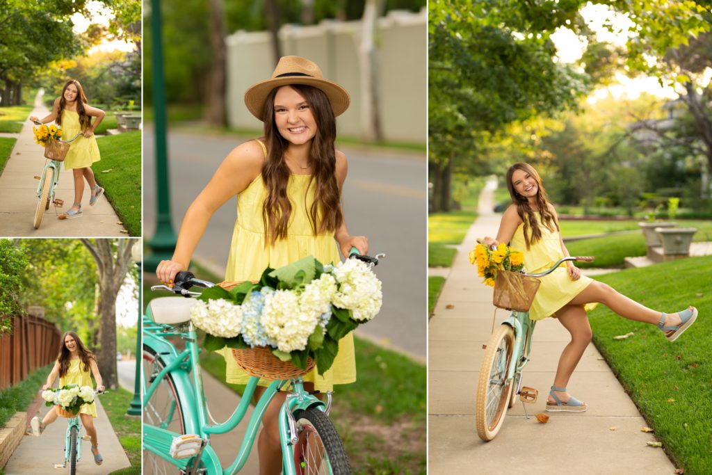 senior girl posing with a vintage bike in a yellow dress