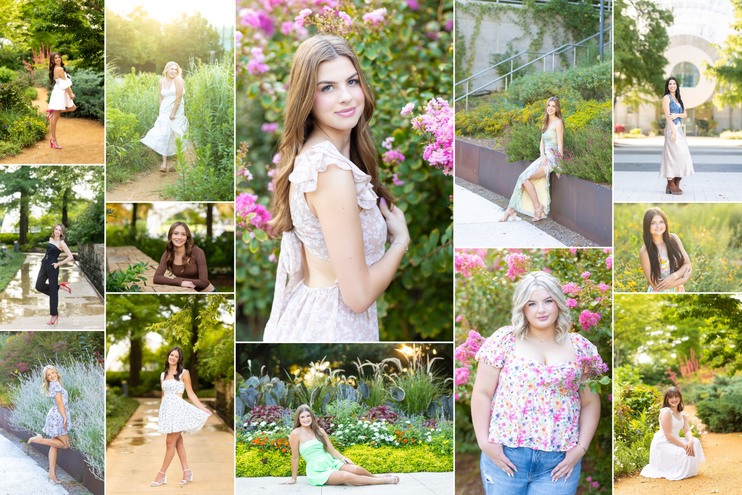 senior girls posing in lots of flowers and flowy dresses in the Myriad Botanical Gardens in downtown OKC