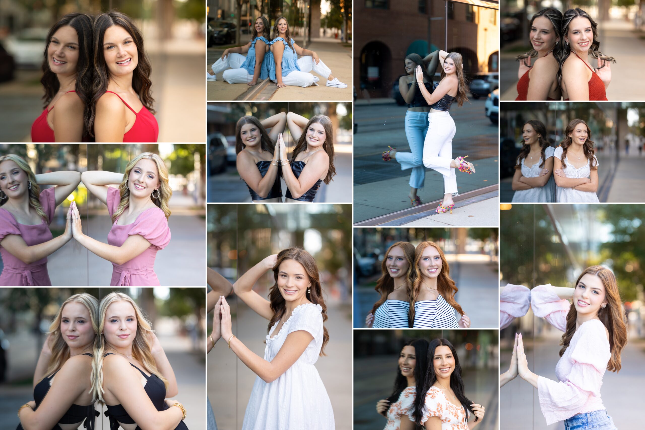 senior girls posing by windows for reflections in their senior pictures