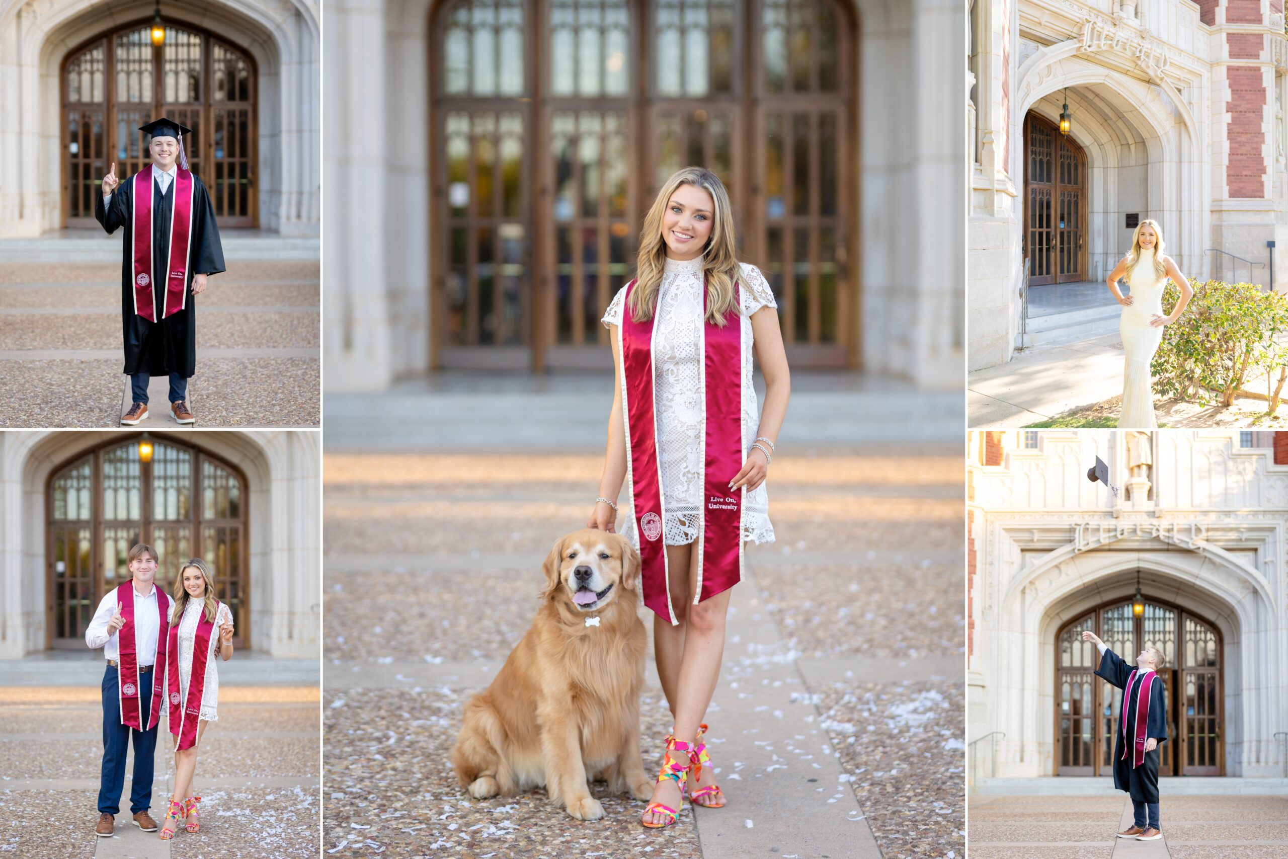 OU seniors posing for pictures for their college graduation in front of the library