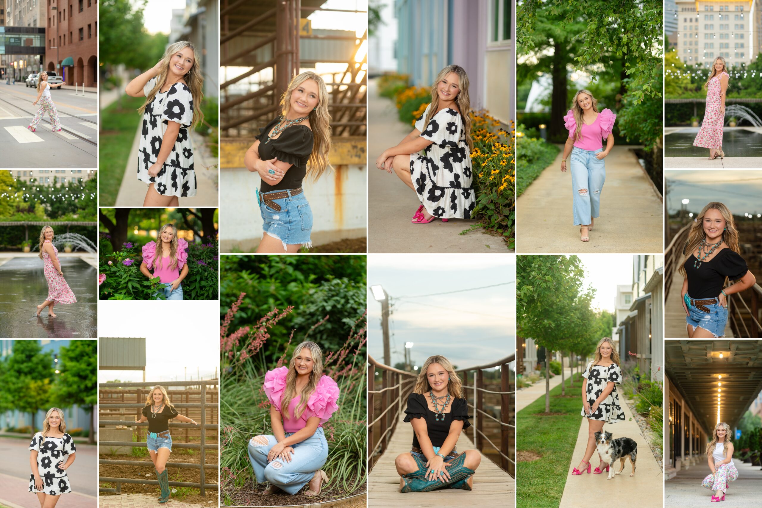 high school senior girl posing downtown OKC, at the Myriad Gardens, the Wheeler District, and the OKC Stockyards for her senior photos