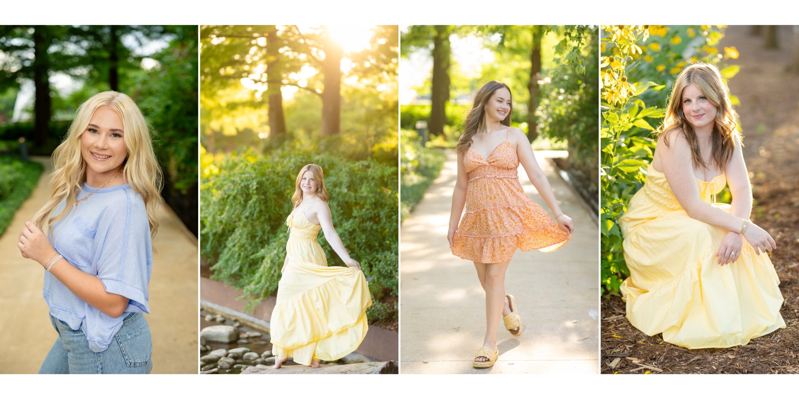 4 photos of senior girls posing in the Myriad gardens in OKC for the senior sessions