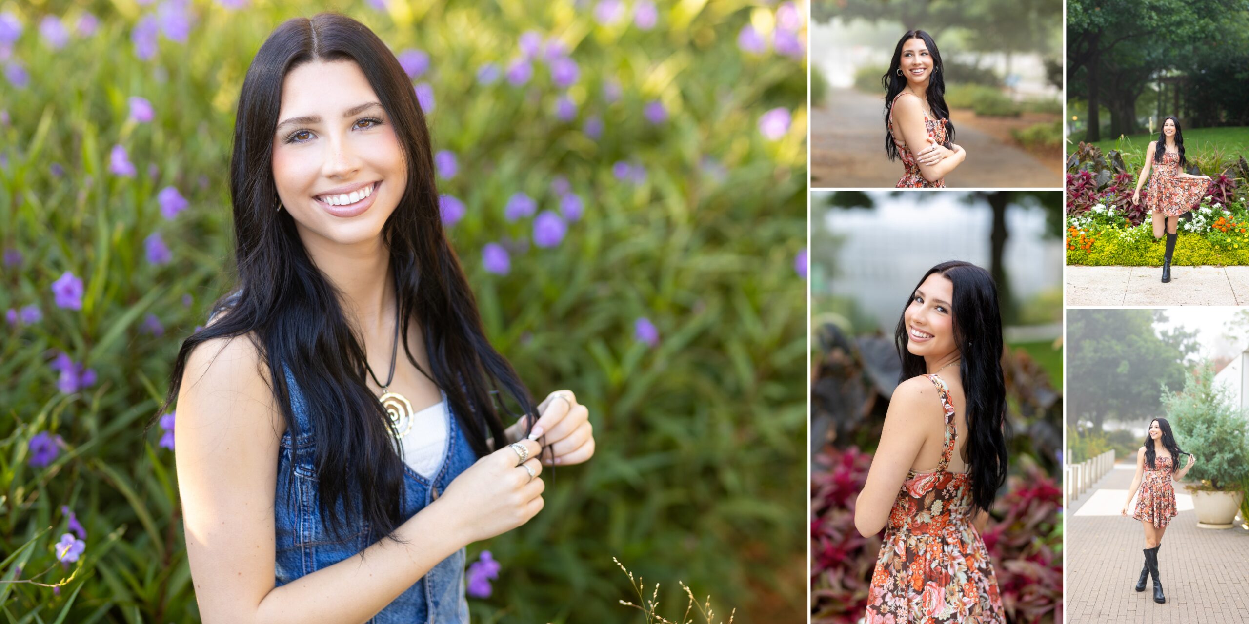 a senior girl smiling at the camera for her fall senior pictures in the Myriad Gardens in Downtown OKC