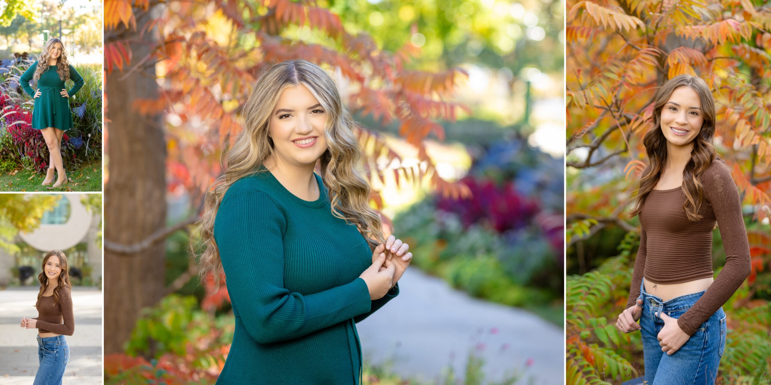 high school senior girls in sweaters posing in the fall leaves for their senior photos in the Myriad Gardens, one of OKC's top locations for senior pictures