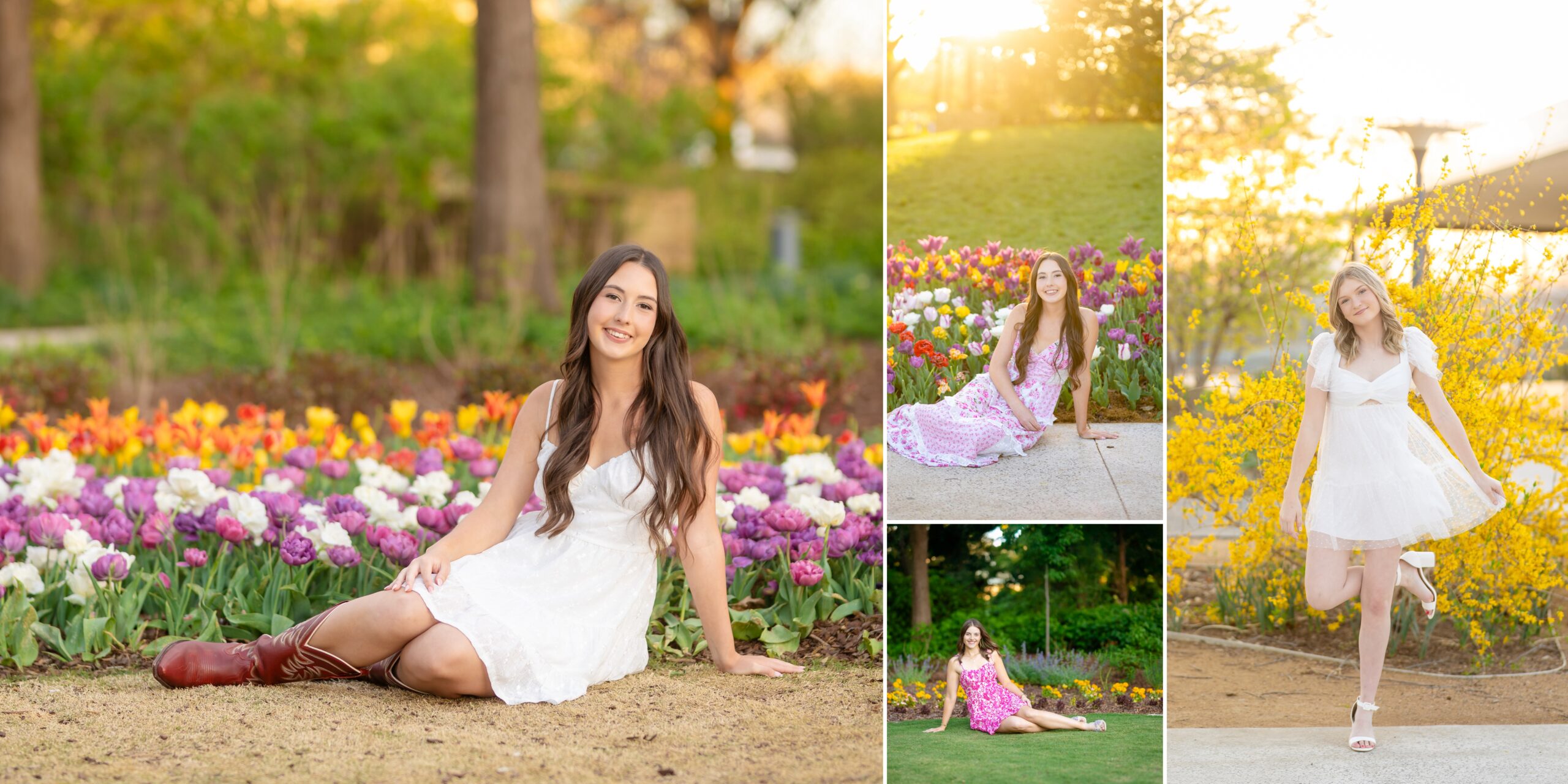 High school senior girls posing in spring flowers and flowy dresses in the OKC Myriad Gardens