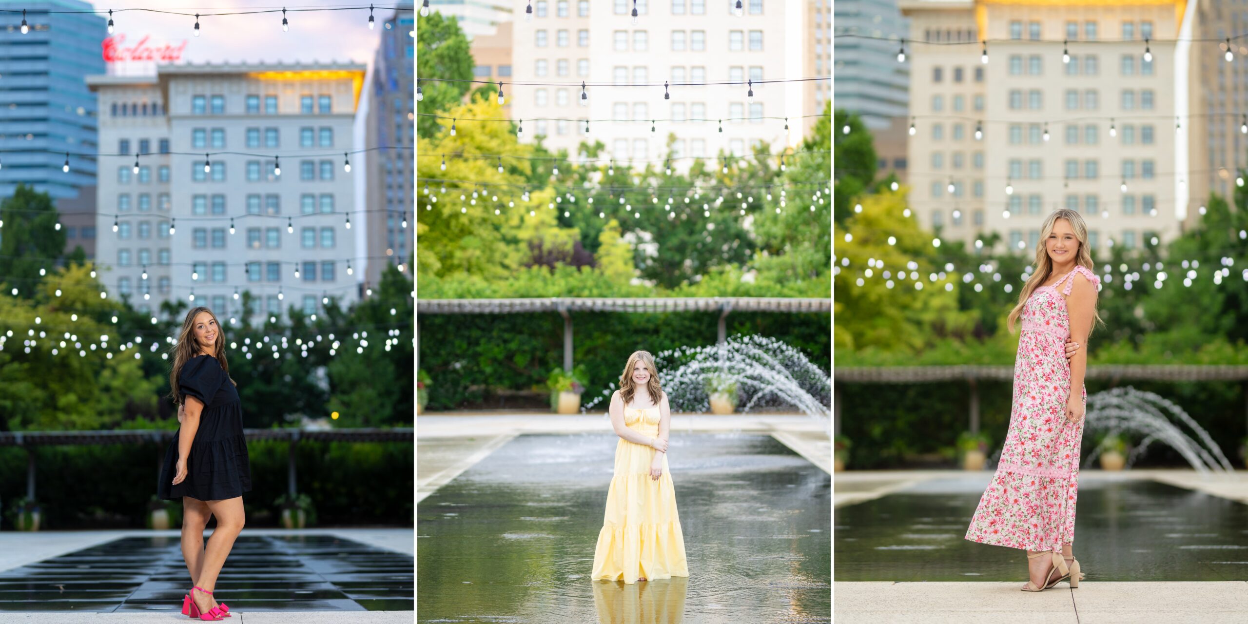 Senior girls in flowy dresses posing in downtown okc with the skyline behind them for their senior pictures

