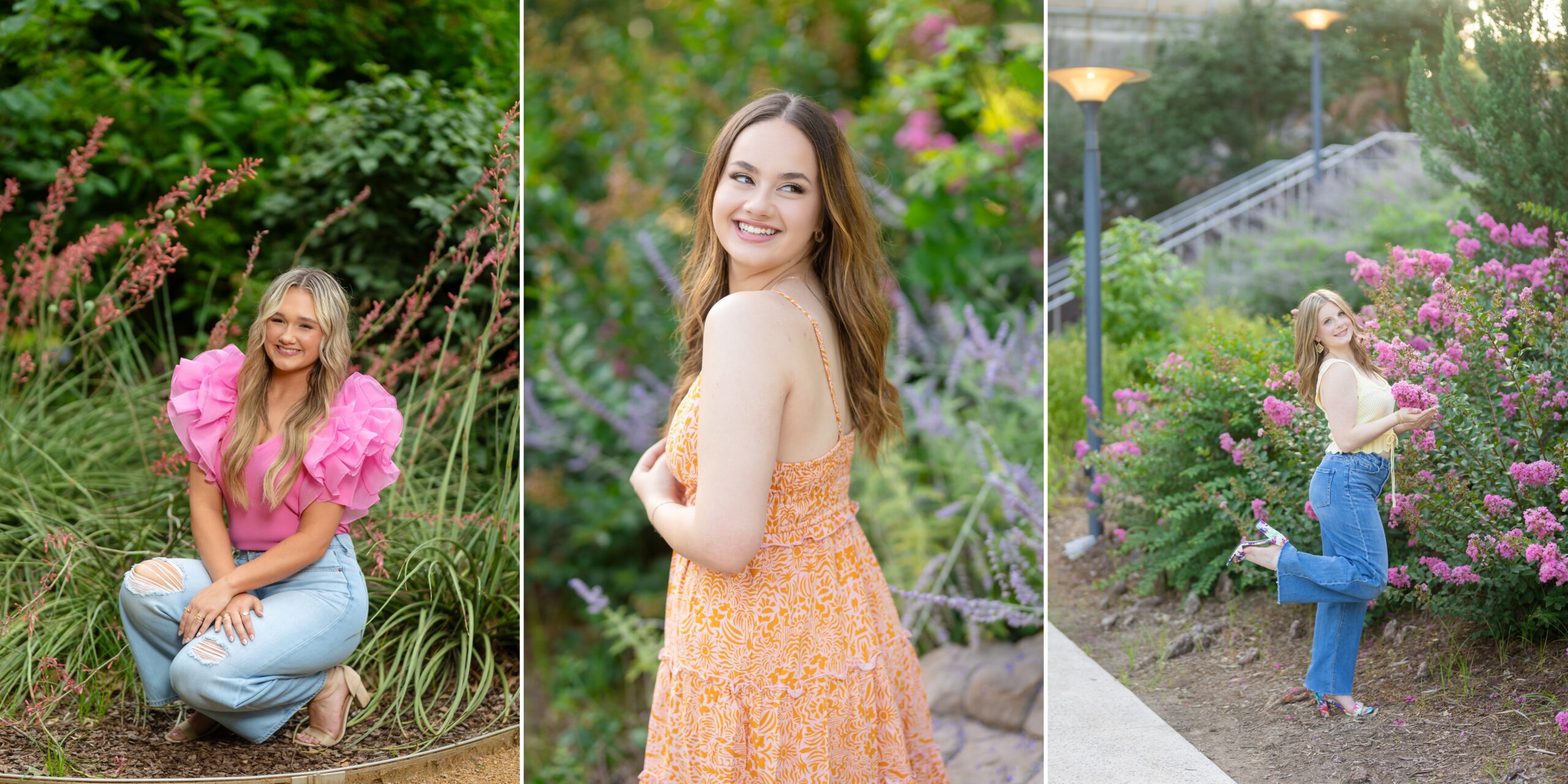 okc high school seniors posing with pink flowers for their senior pictures in the Myriad Gardens
