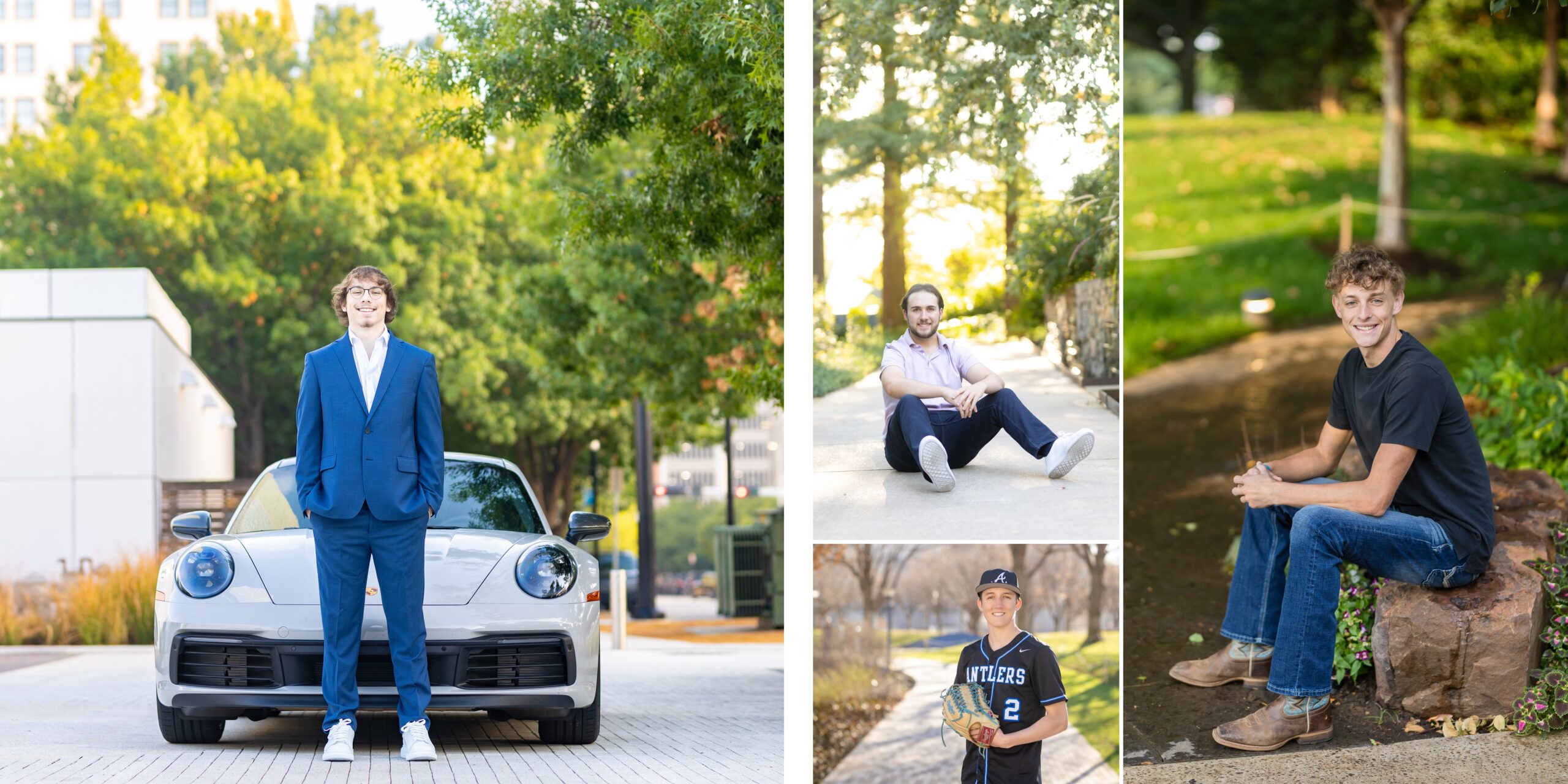 Senior guys posing with their cars and baseball gear in the OKC Myriad Gardens for their high school graduation pictures