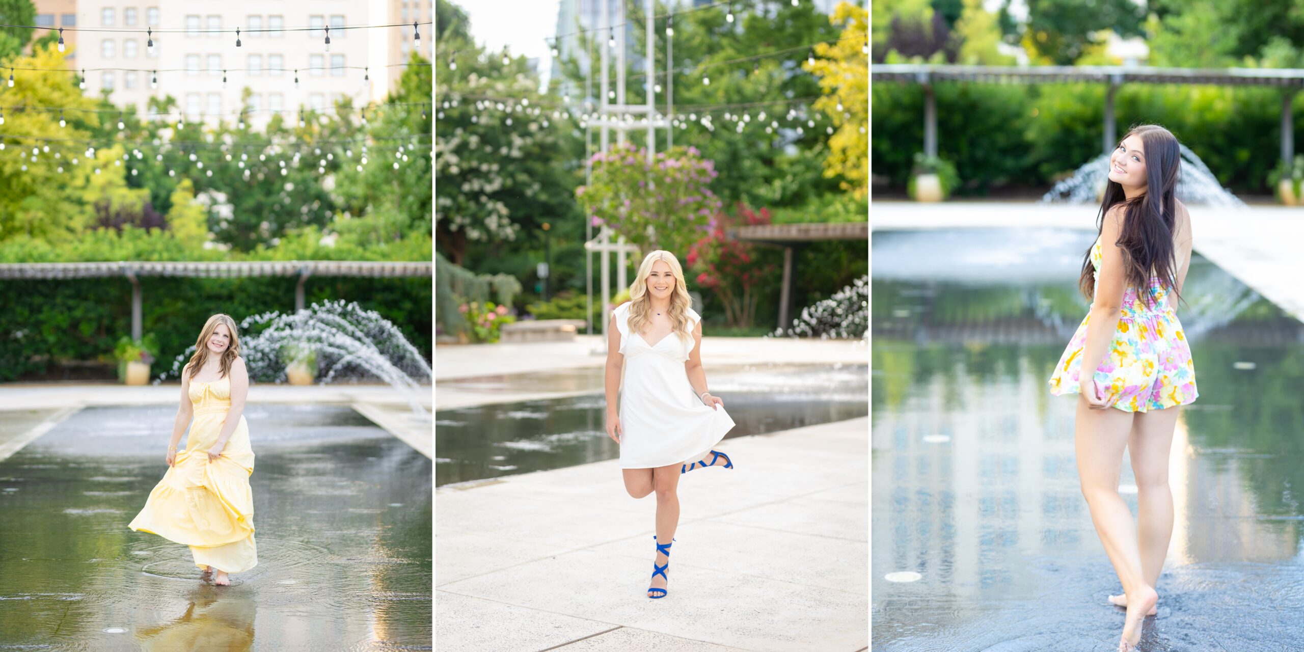 High school senior girls in white and yellow flowy dresses posing in a reflection pool in the middle of the Myriad Gardens in downtown OKC for their senior portraits