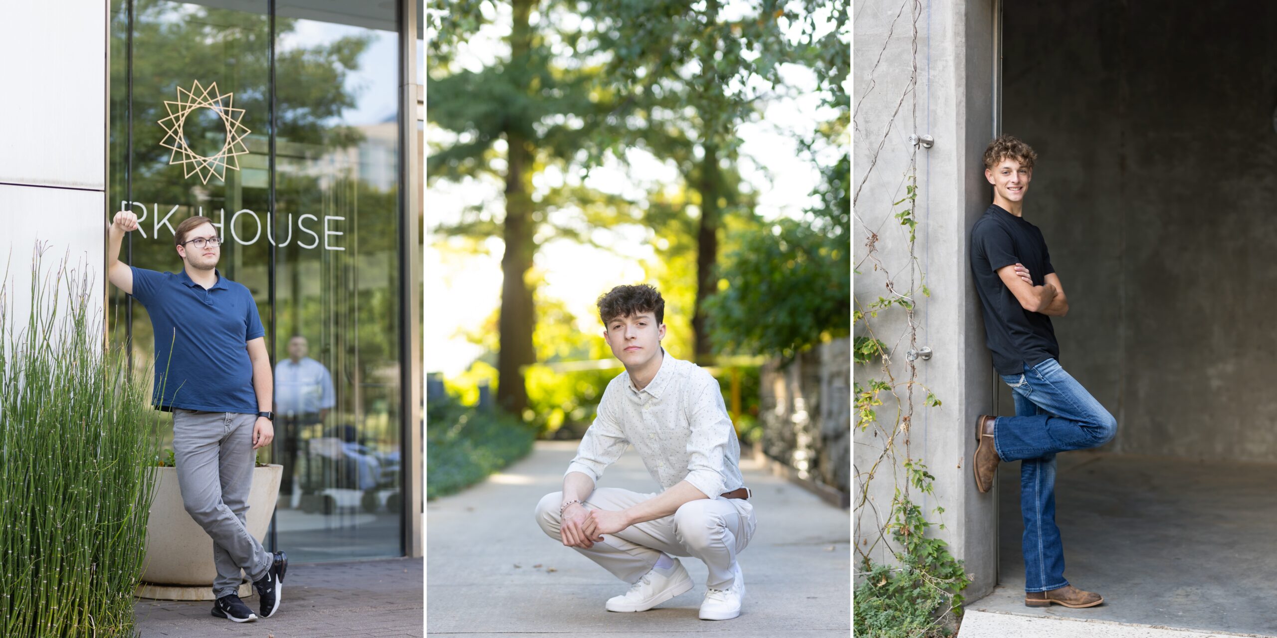 senior guys posing in the Myriad Gardens for their senior pictures in OKC