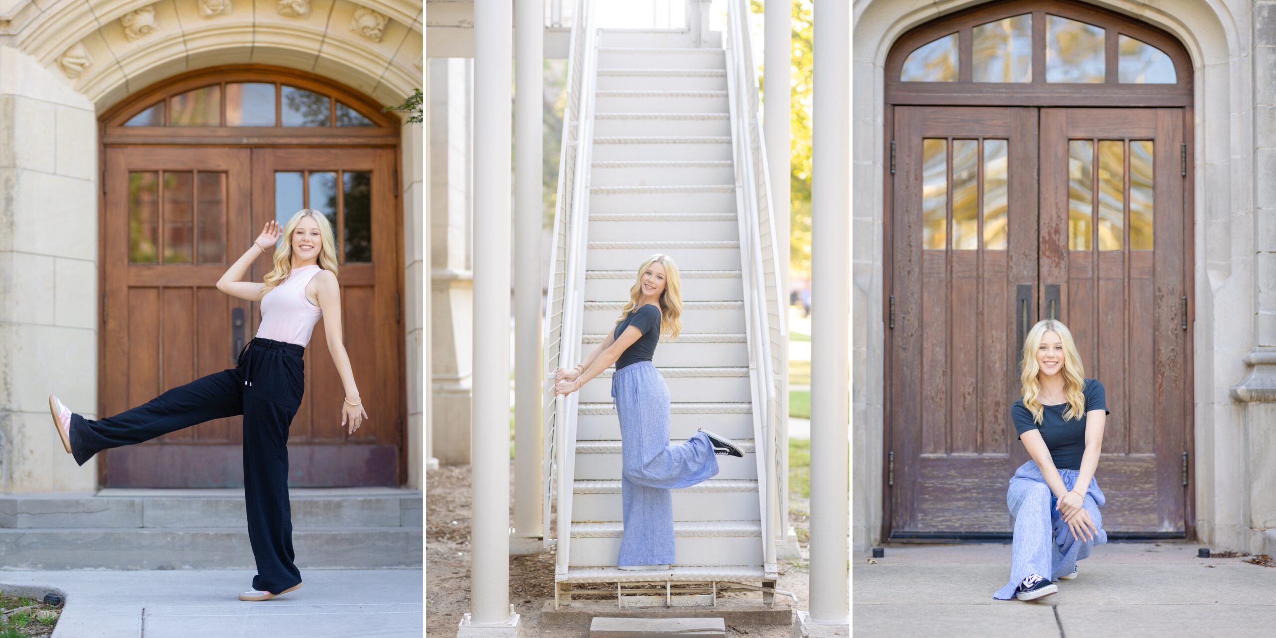 3 photos of a high school senior girl posing on the campus of OU for her senior session