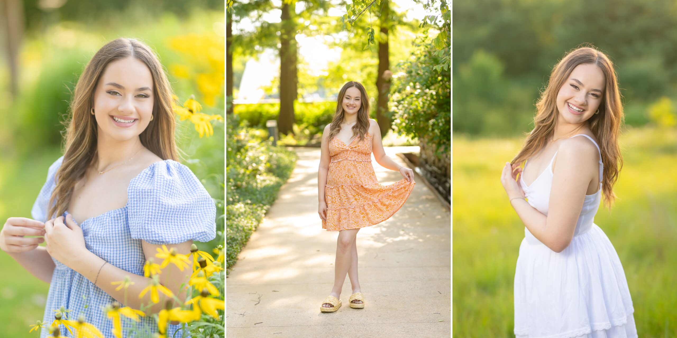 a senior girl posing in a field in Edmond for her senior pictures wearing a white dress in one of the photos