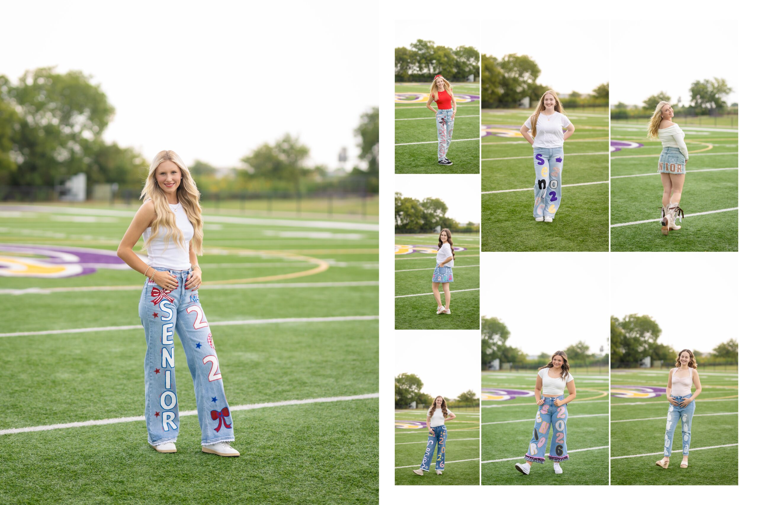 high school senior girls showing off their senior jeans on a football field for a fun friends photo shoot