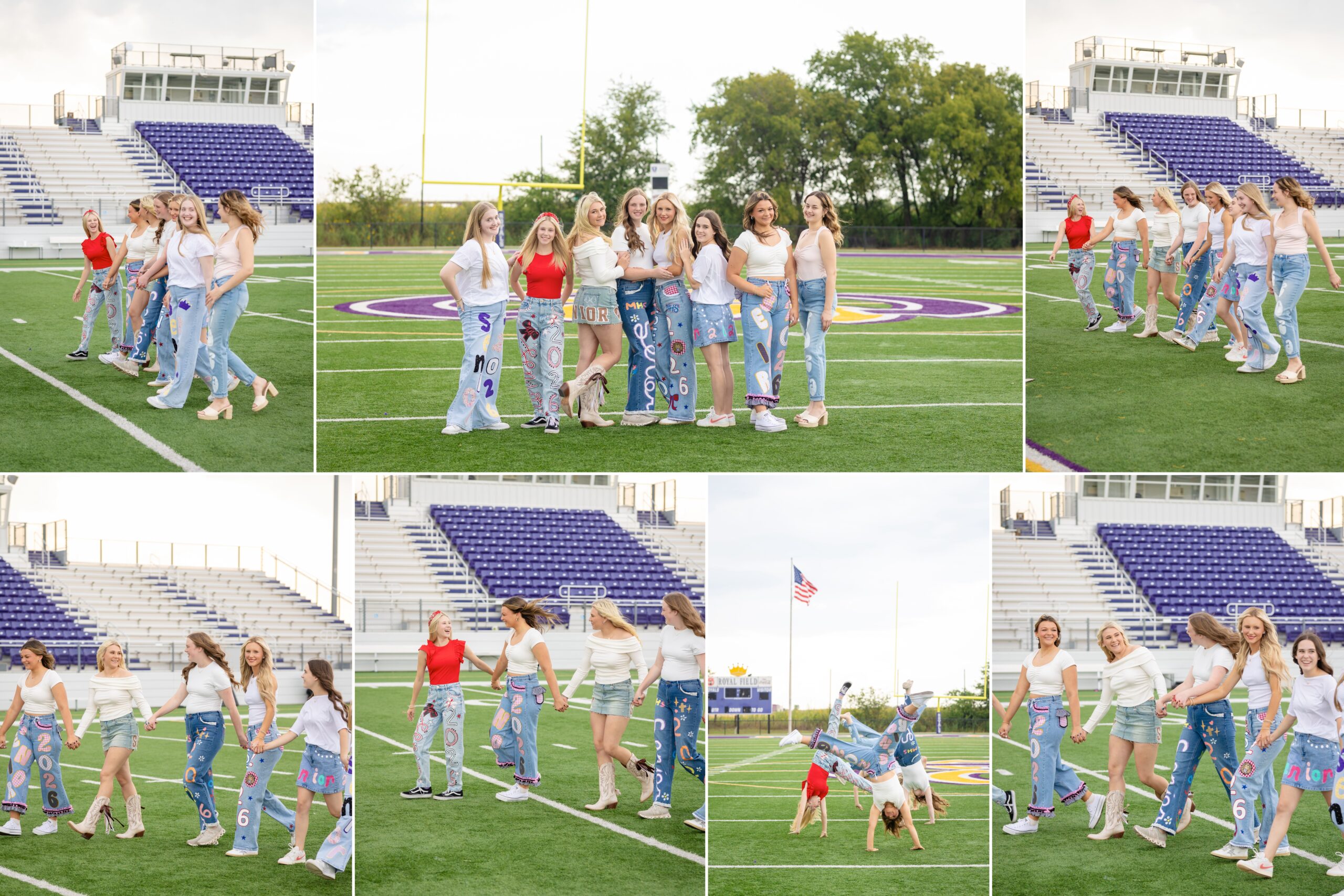 high school senior friends walking and holding hands laughing in their senior jeans on a football field in OKC