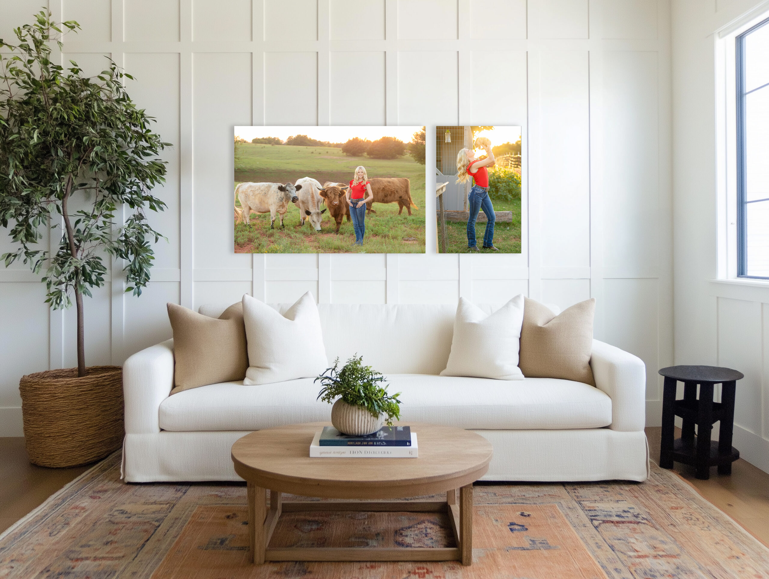 2 large canvases hanging on the living room wall of a high school senior girls portraits.