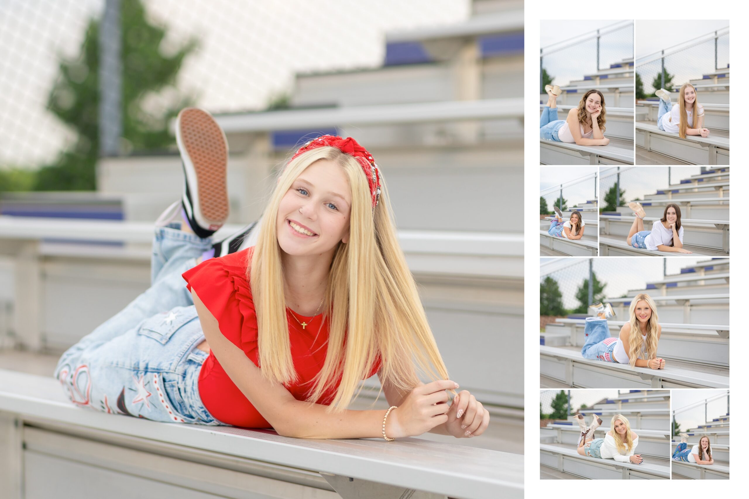 high school senior girls posing on the bleachers at a football field in norman, oklahoma