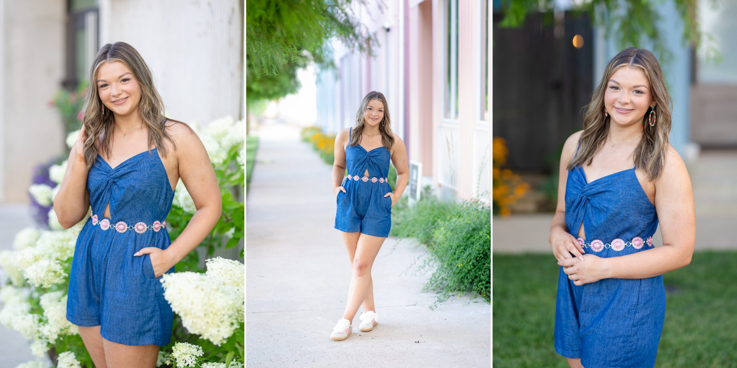 3 pictures of a senior girl posing at the Wheeler District in OKC for her senior photos