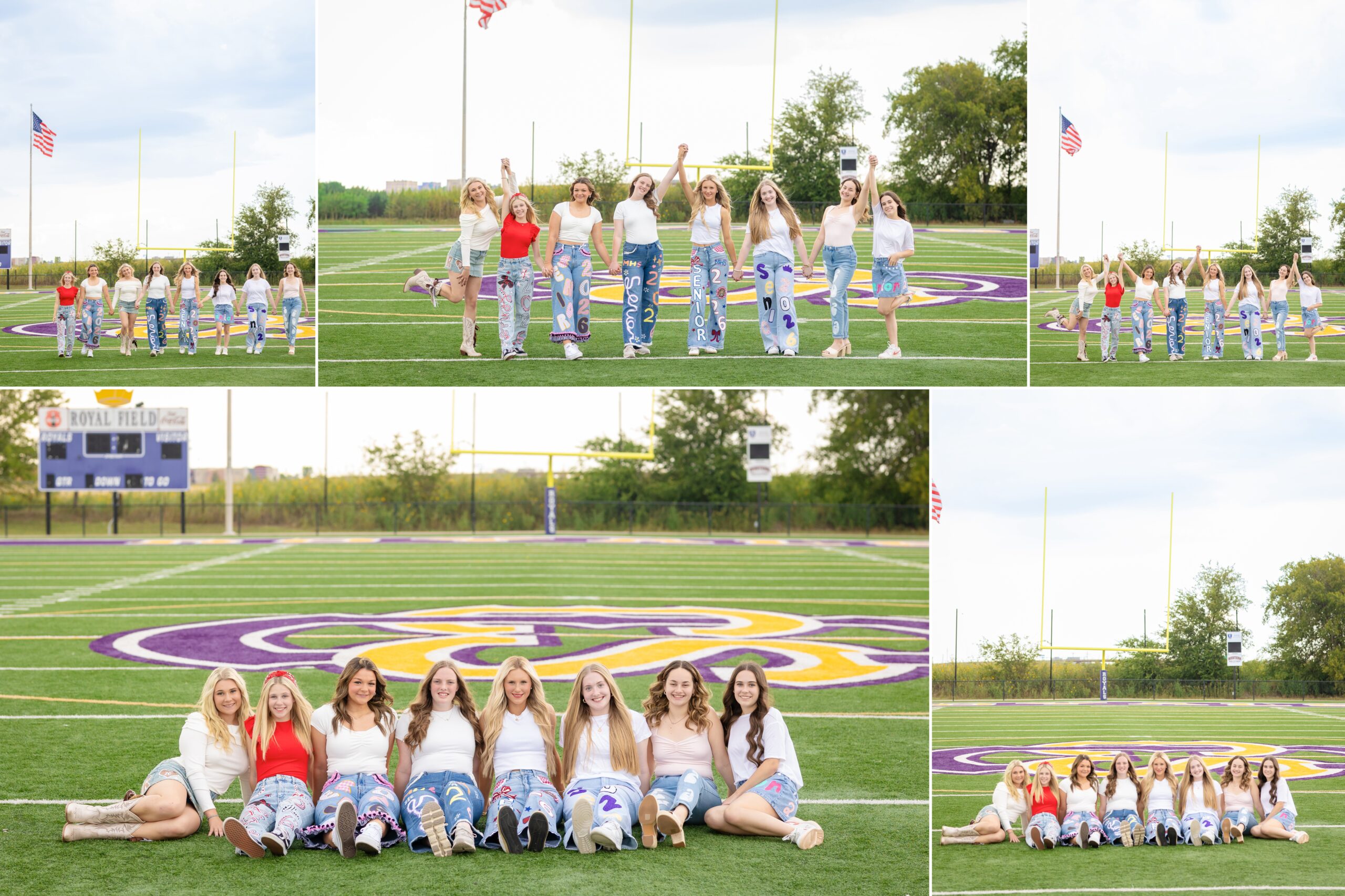 A group of high school senior girls posing together for pictures in their senior jeans on a high school football field in Norman, Oklahoma